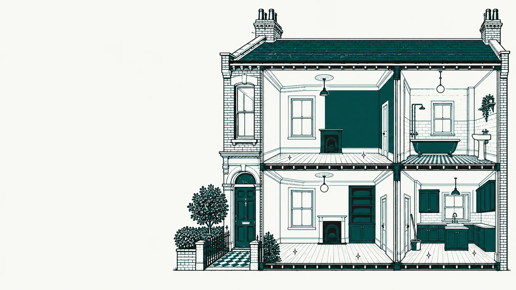 Illustration of the same house in cross-section finished and clean, with empty rooms ready to hand over