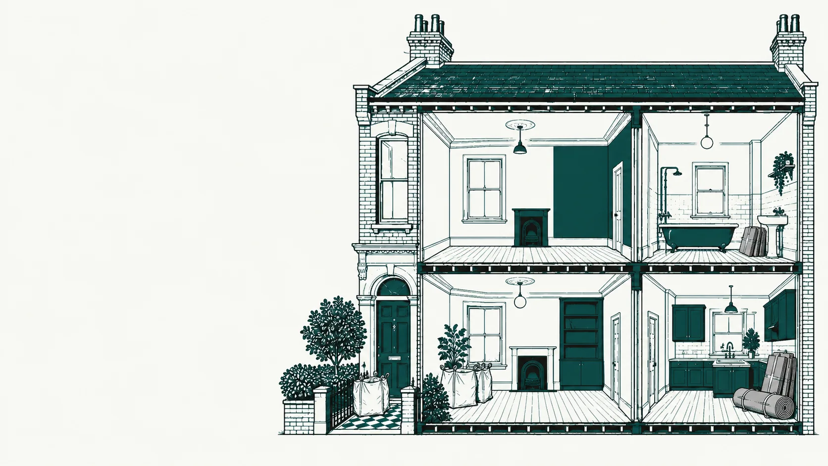 Illustration of the same house in cross-section during clearance, with tied builders' bags and a rolled carpet