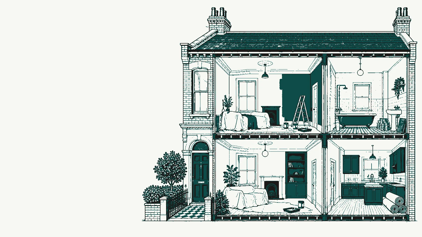 Illustration of a London terraced house in cross-section during decorating, with dust sheets, a ladder and paint