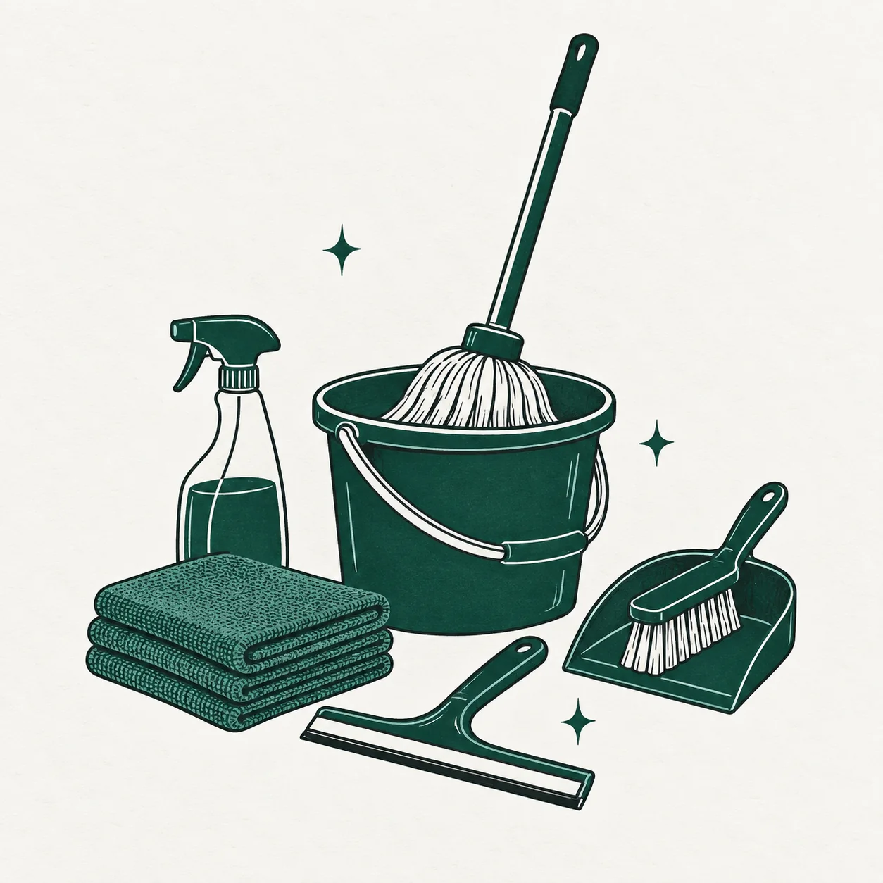 Illustration of cleaning kit: mop and bucket, spray bottle, cloths and a squeegee