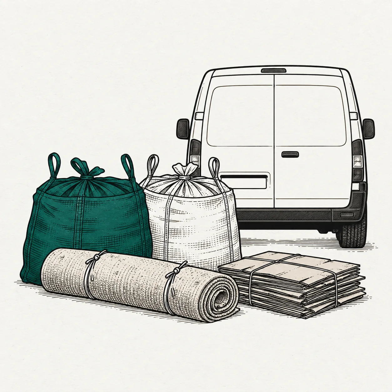 Illustration of tied builders' bags, a rolled carpet and flattened boxes beside a van