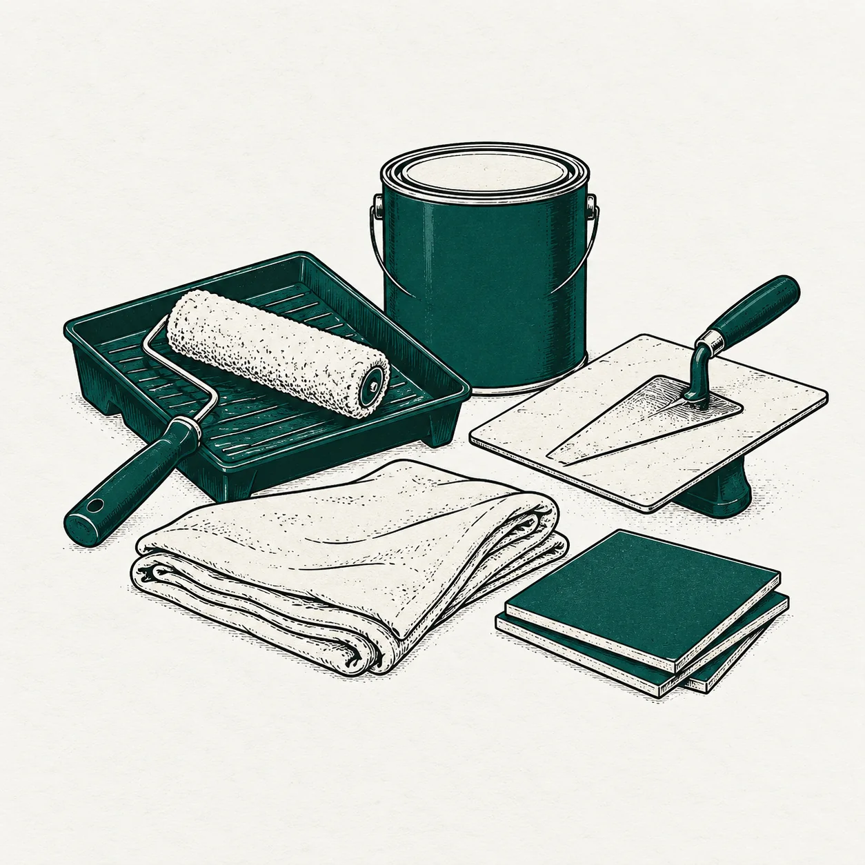 Illustration of decorating tools: roller and tray, paint tin, plastering trowel and dust sheet